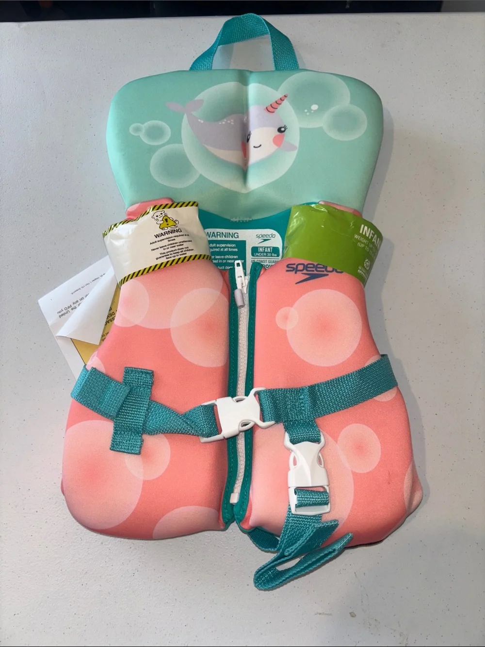 Speedo Coral Pink & Aqua Infant Swim Vest with Bubble Unicorn Print up to 30 lbs